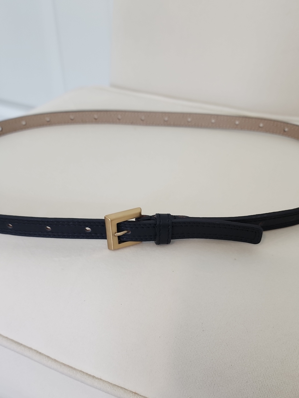 Classic Black Leather Women's Belt with Gold Buckle.  Narrow.
